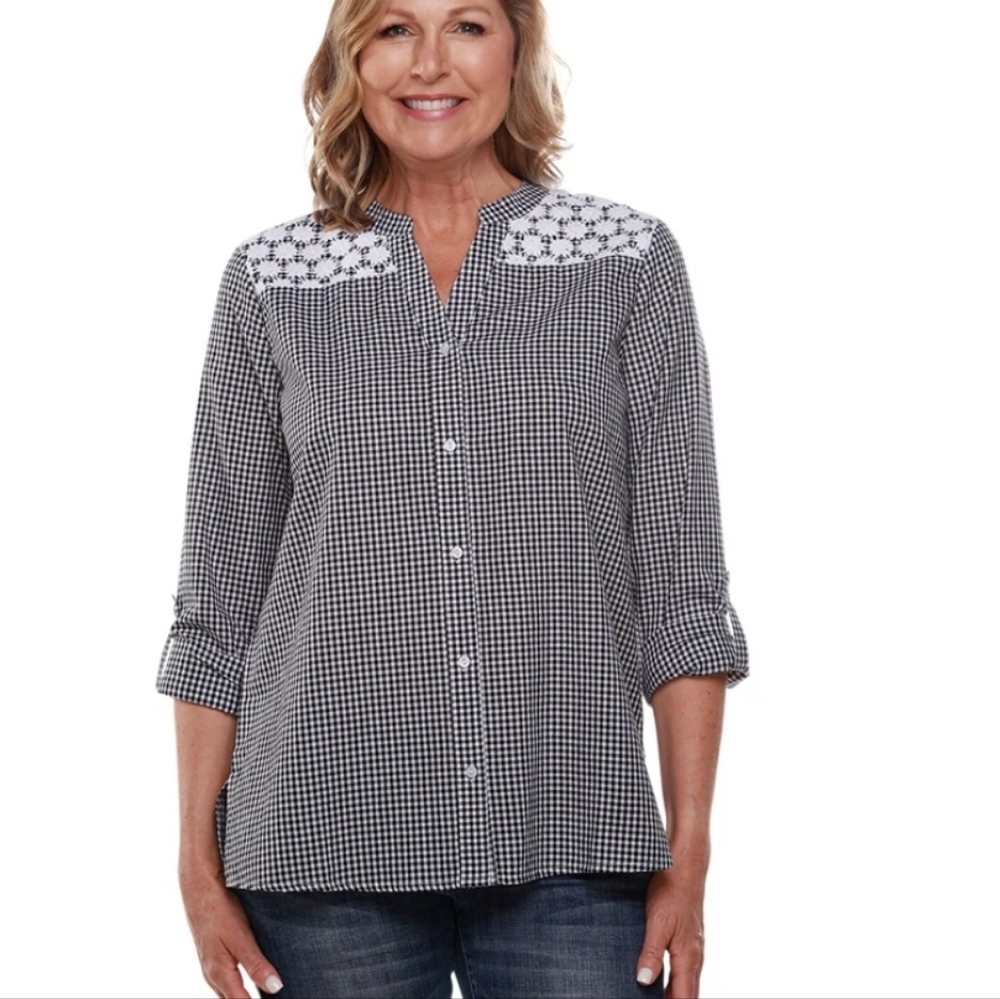 Linda Anderson Button Up Shirt Check Pattern Floral Crochet 100% Cotton Women M